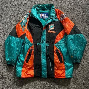 VTG 90s Miami Dolphins Pro Player Puffer Jacket Parka Coat Full Zip Sz L NFL